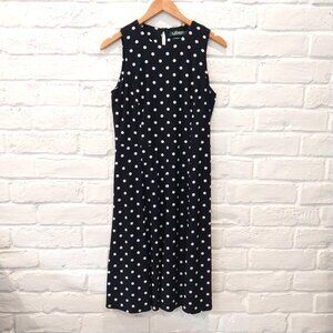 Ralph Lauren Dress Womens 8 Black White Polka Dot Midi Sleeveless Stretch Jersey